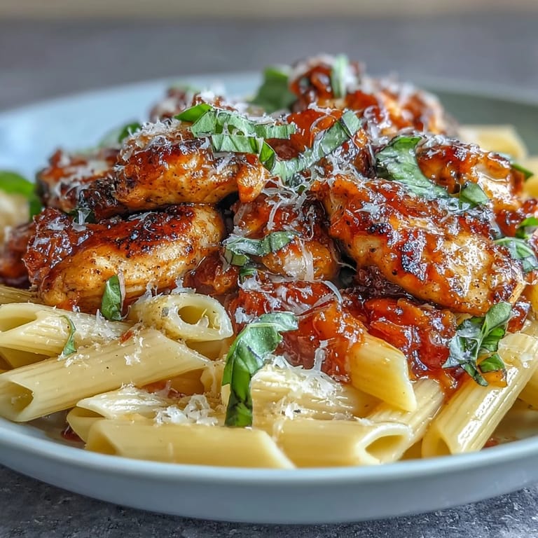 A close-up of Tomato Basil Chicken Pasta garnished with fresh basil, ready to be served alongside a crisp salad for a complete meal.