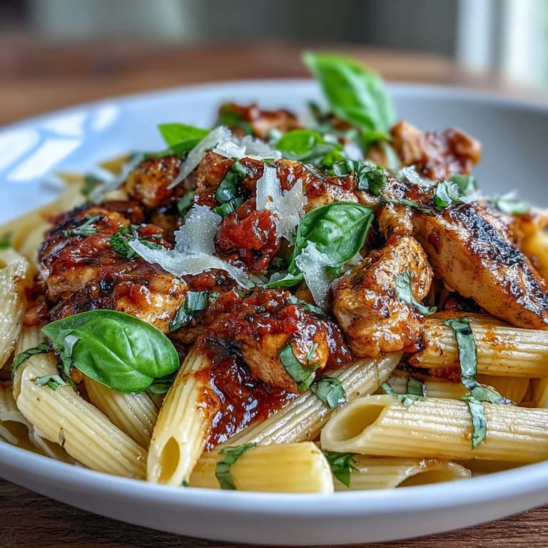 A warm skillet of Tomato Basil Chicken Pasta featuring colorful diced tomatoes, golden chicken pieces, and freshly chopped basil on a rustic table.