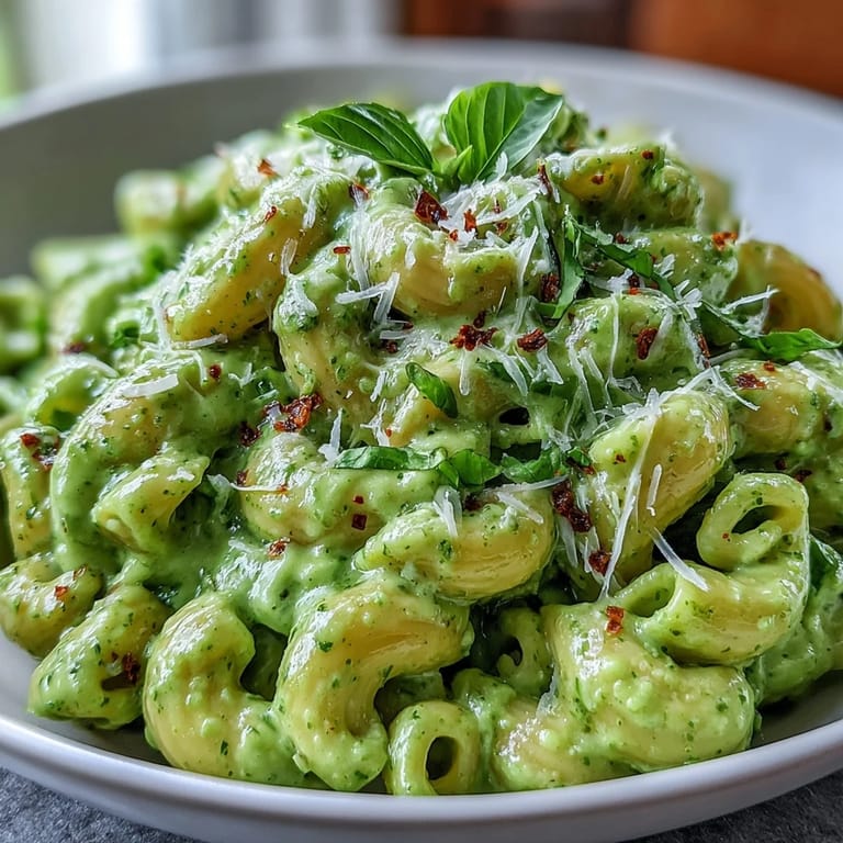 A delicious bowl of creamy avocado pesto mac, garnished with basil.