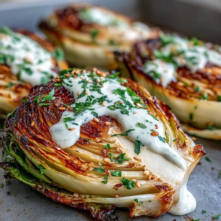 Tender roasted cabbage wedges with tahini sauce on a platter, garnished with sesame seeds and paprika.