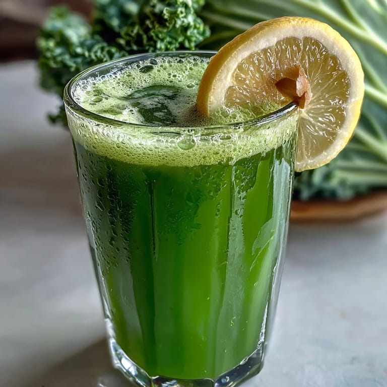 Freshly blended Cabbage and Kale Detox Juice in a mason jar, garnished with a celery stalk and apple slices.