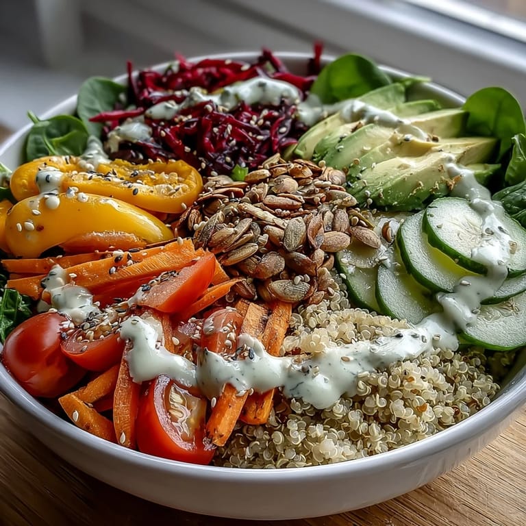 Colorful Rainbow Buddha Bowl featuring quinoa, crunchy cabbage, carrots, and avocado slices, served as a healthy, gluten-free meal.
