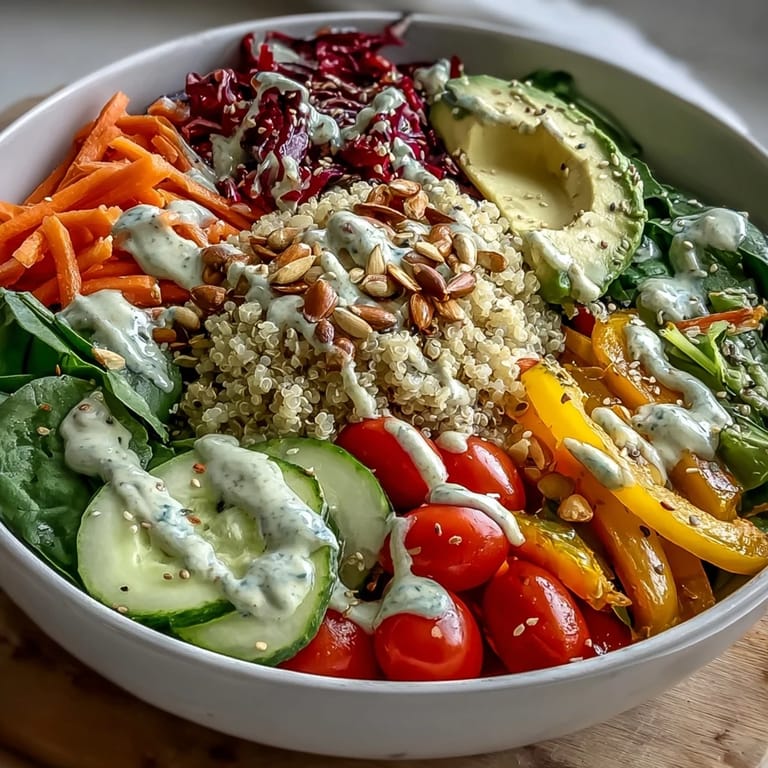 Fluffy quinoa base for a Rainbow Buddha Bowl, garnished with spinach, seeds, and a bright lemon-tahini drizzle.