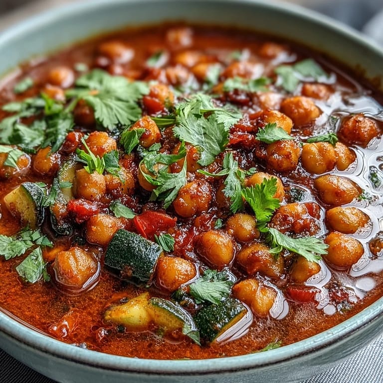 Spicy Chickpea Stew simmering in a pot with vibrant carrots, zucchini, and chickpeas in a rich tomato broth.
