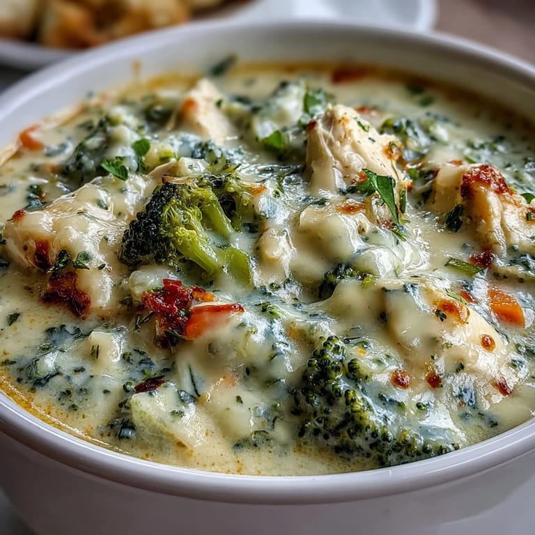 A ladle scoops rich Best Chicken Broccoli Cheddar Soup from a Dutch oven, revealing tender chicken and vibrant green broccoli pieces.