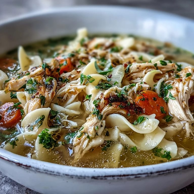 Serving of classic Chicken and Noodle Soup in a white bowl, garnished with fresh parsley, perfect with crusty bread for dinner.
