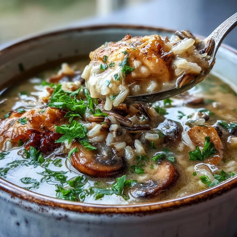 Creamy Parmesan Mushroom Chicken and Wild Rice Soup ladled beside crusty bread and extra Parmesan.