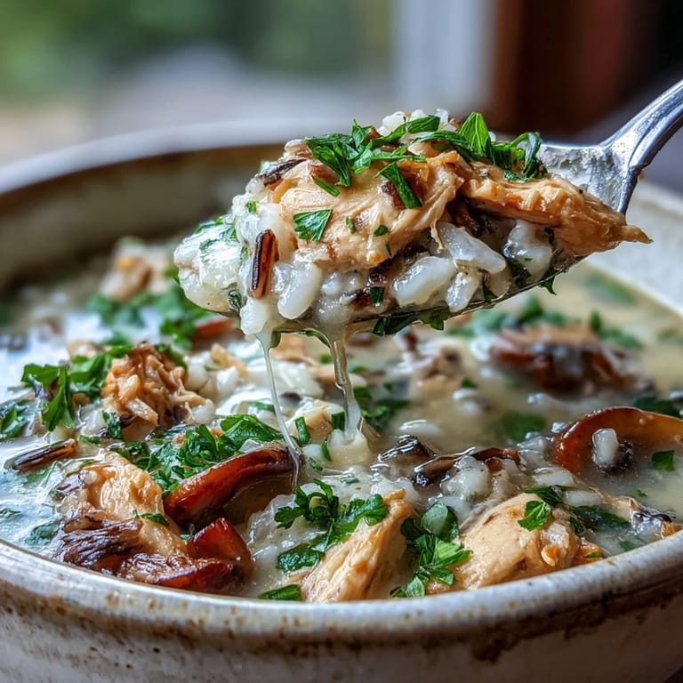 Hearty Parmesan Mushroom Chicken and Wild Rice Soup topped with fresh thyme, carrots, and mushrooms.