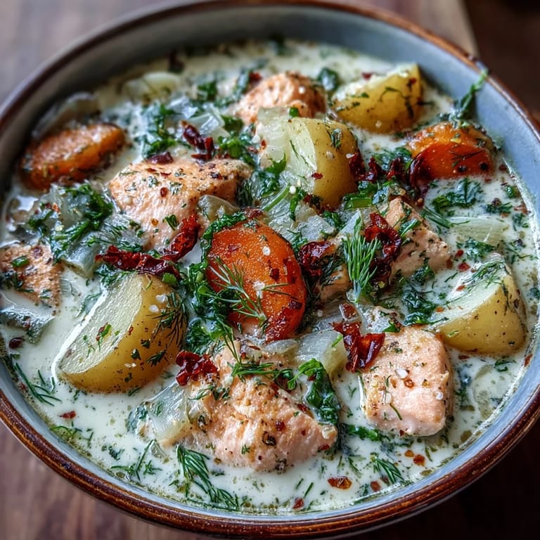 Ladle of creamy Finnish Salmon Soup with soft potatoes, carrots, and dill served with crusty rye bread.