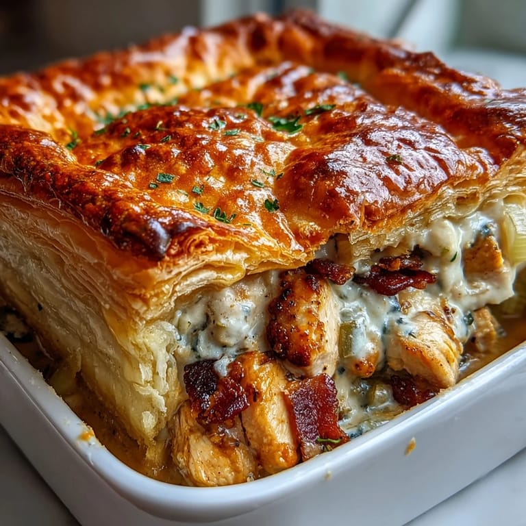 Fresh thyme garnishes a slice of Chicken and Leek Pie served alongside buttery mashed potatoes and a crisp green salad.