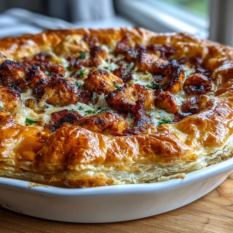 Rustic Chicken and Leek Pie with a golden egg-washed crust, baked until bubbly and ready for a cozy family dinner.