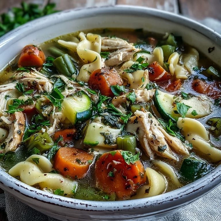 Hearty steaming bowl of Pasta Soup With Chicken and Vegetables, garnished with fresh parsley and served alongside crusty artisan bread.