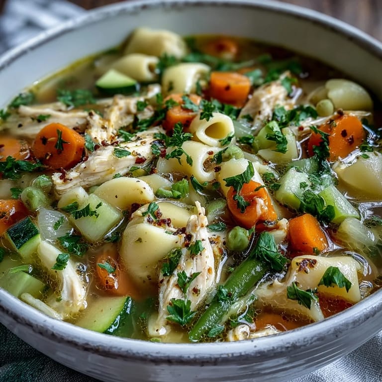 Comforting Pasta Soup With Chicken and Vegetables simmering in a large pot, packed with colorful veggies and al dente pasta shapes.
