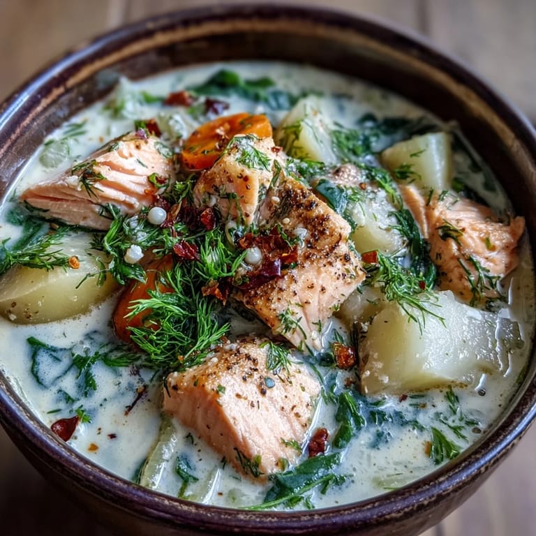 Simmering Finnish Salmon Soup features succulent salmon cubes, leeks, and a swirl of cream with fresh herbs.