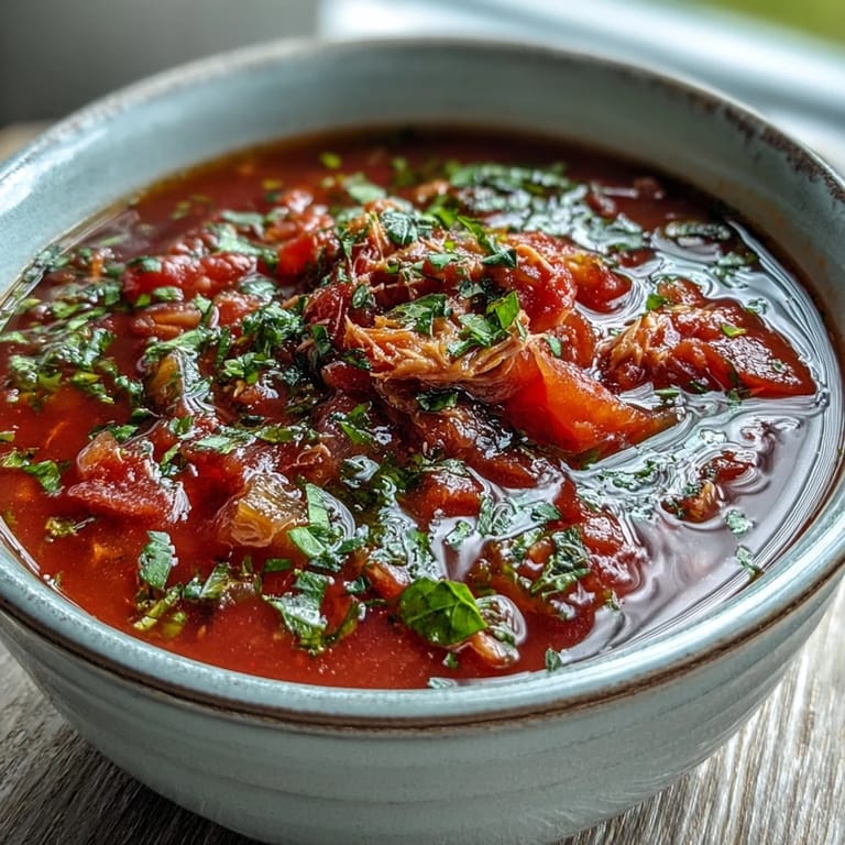 A rustic skillet of Tuna and Tomato Soup highlights a vibrant red base and aromatic herbs.