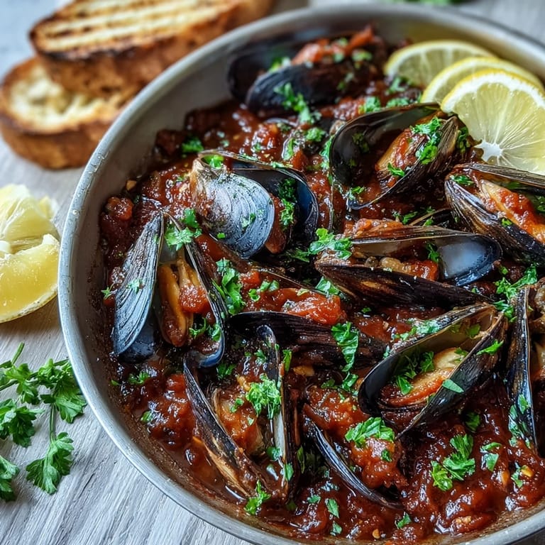 Vibrant Smoky Mussels Pomodoro simmering in a deep skillet, featuring plump shellfish in a garlic and smoked paprika tomato base.