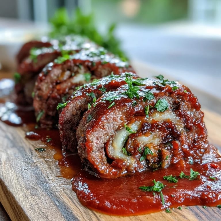 Sliced beef braciole with golden brown sear, pecorino cheese and herbs filling, resting in a savory homemade tomato sauce.