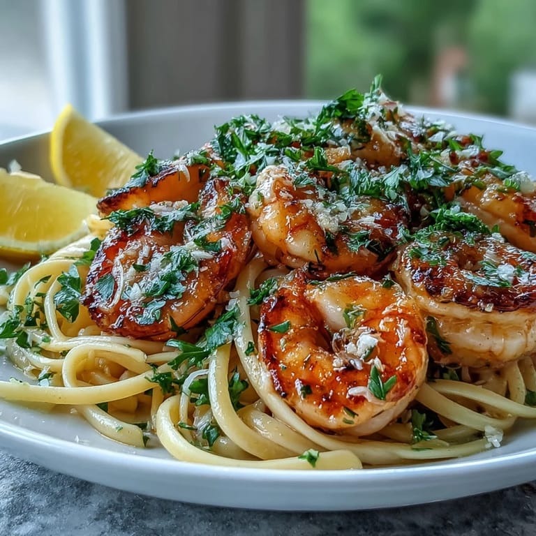 Steam rises from a plate of Shrimp Scampi With Linguine, showcasing garlicky butter sauce and lemon wedges.