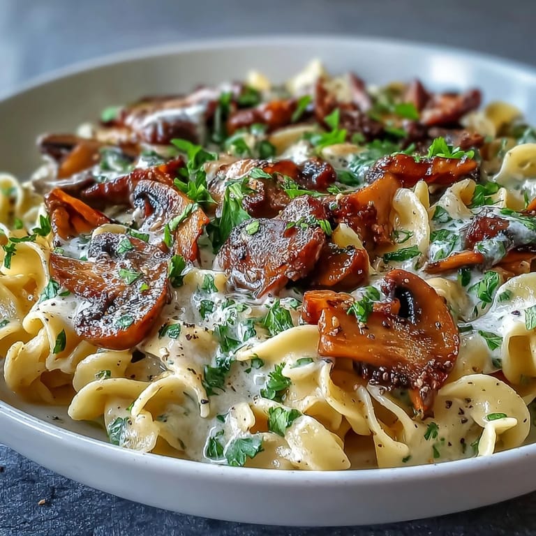 Creamy Mushroom Stroganoff in a skillet garnished with parsley, ready to serve hot.