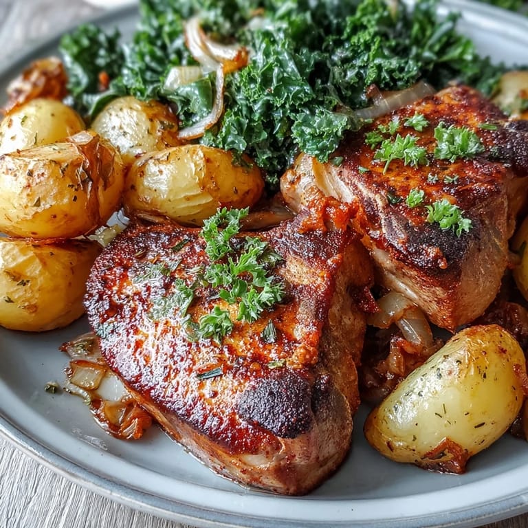 Tender, spice-rubbed Aleppo Pork Chops plated with buttery potatoes and a side of vibrant greens.