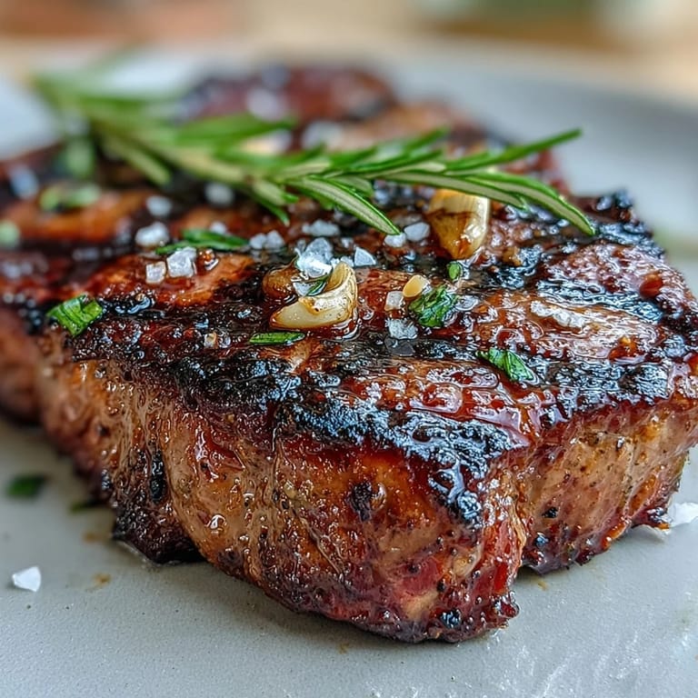Thick grilled bone-in rib eye steak plated with asparagus and potatoes, garnished with rosemary, garlic, and melted butter.