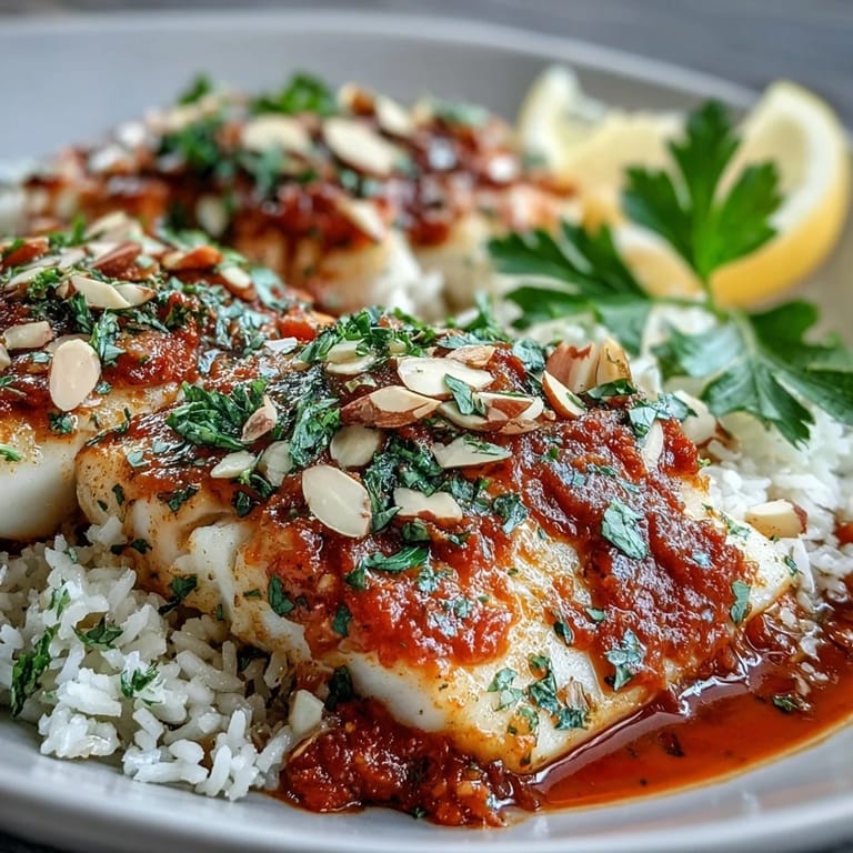 U.S. home cooks plating Tomato-Roasted Cod With Spiced Almonds alongside steamed ginger rice and a vibrant green salad.