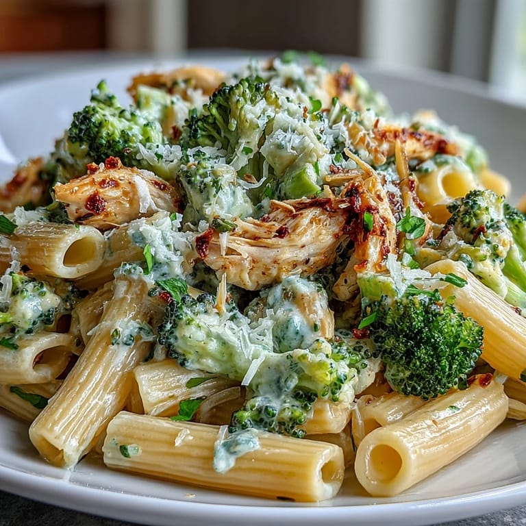 Serving suggestion: a warm bowl of high protein rotisserie chicken broccoli pasta topped with Parmesan.