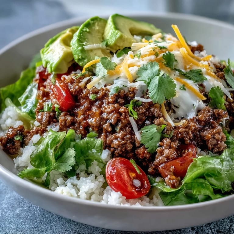 Ground beef sizzles with spices as it meets cauliflower rice in this Low Carb Burrito Bowl. Bright lime wedges sit beside the bowl, ready to squeeze over the savory beef and fresh toppings.
