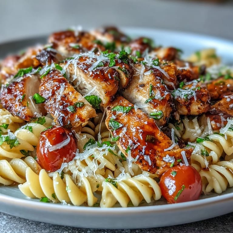 Close up of Bruschetta Chicken Pasta with halved cherry tomatoes, fresh basil, and grated Parmesan, steaming beside a glass of white wine.