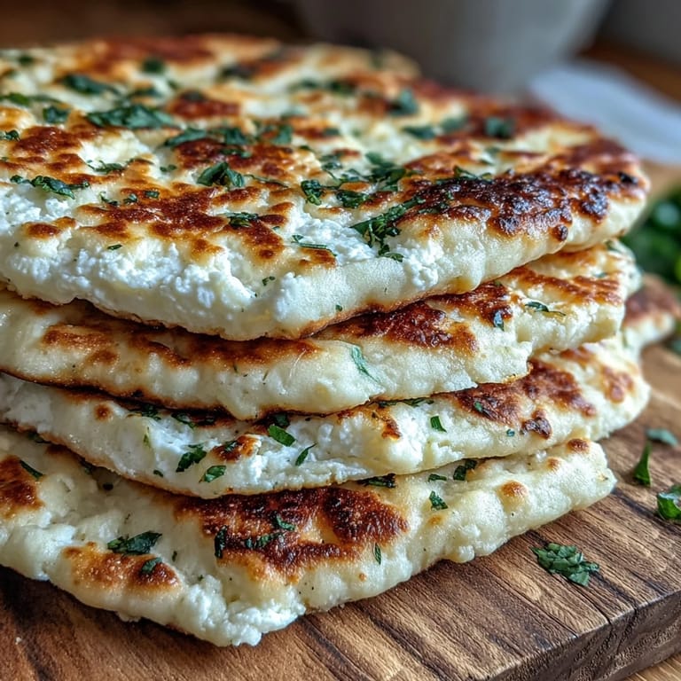 Warm, bubbling Fluffy Cottage Cheese Flatbread topped with fresh herbs, ready for a quick lunch.