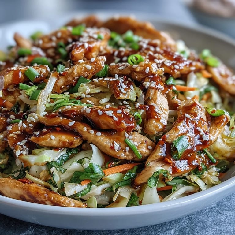 Garnished with green onions and sesame seeds, this deconstructed egg roll bowl offers savory crunch.