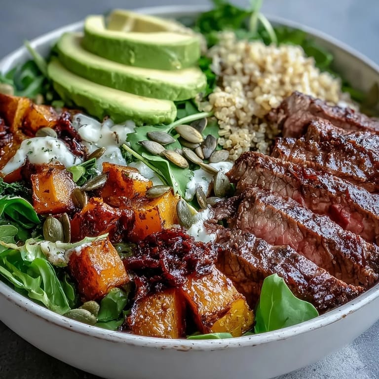 Butternut squash steak bowl with avocado and red onion drizzled with zesty lime-cilantro dressing.
