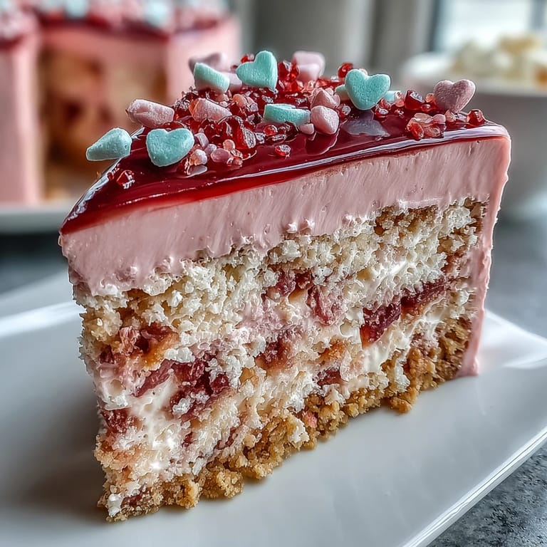 Tall slice of Candy Hearts Fake Cake topped with pastel conversation hearts and rainbow sprinkles, ready to serve.