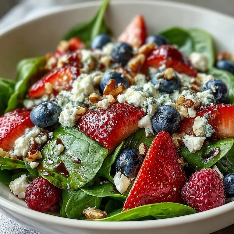 Colorful spinach and berry salad bowl featuring crumbled goat cheese, toasted pecans, and thinly sliced red onion, served as a refreshing light lunch or side.