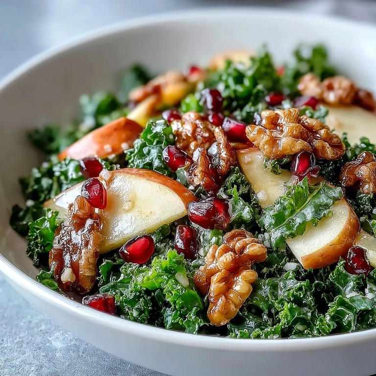 A colorful kale and pomegranate bowl, featuring crisp apple slices and crunchy nuts, ready to serve as a vibrant vegetarian side dish.