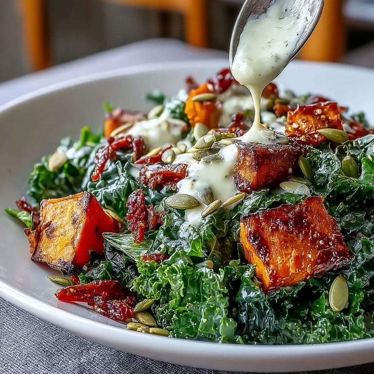 Colorful roasted veggies and seeds make a vibrant Kale Salad Bowl, drizzled with lemony tahini dressing for dinner.