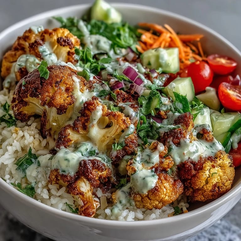The Roasted Cauliflower Bowl with golden spiced cauliflower over rice, drizzled in smooth tahini dressing and topped with bright shredded carrots.