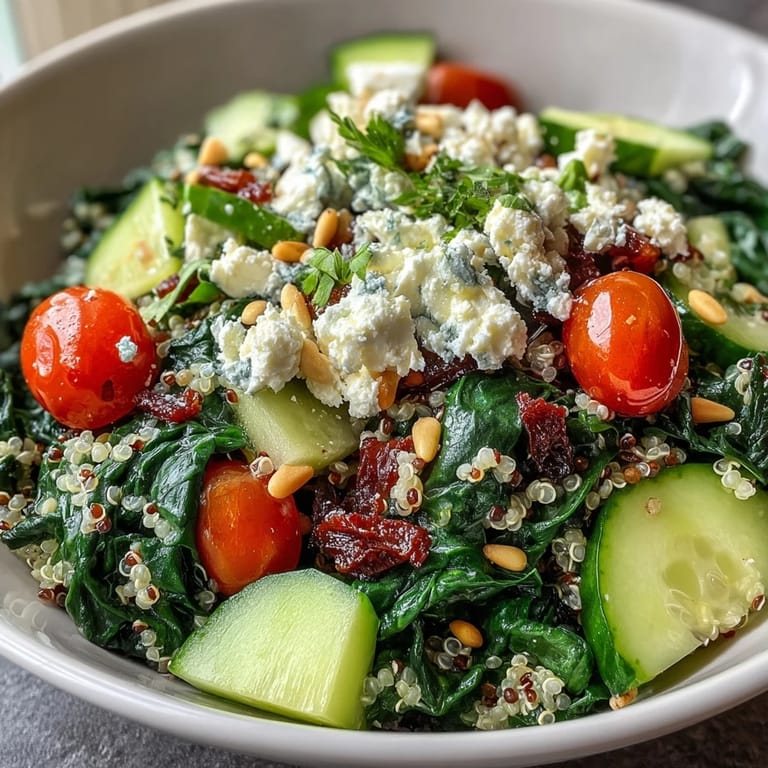 A nutritious vegetarian Spinach and Feta Grain Bowl featuring tender grains, colorful vegetables, and toasted pine nuts for a satisfying lunch or light dinner.