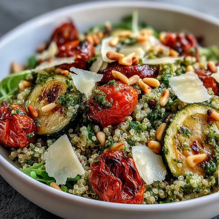A close-up of an Arugula Pesto Bowl garnished with shaved Parmesan and toasted pine nuts on a marble table.