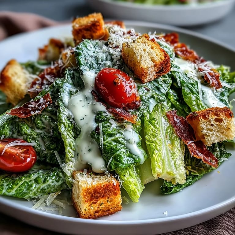 Sliced grilled chicken, creamy dressing, and ripe cherry tomatoes make this hearty Romaine Caesar Bowl a satisfying main dish.