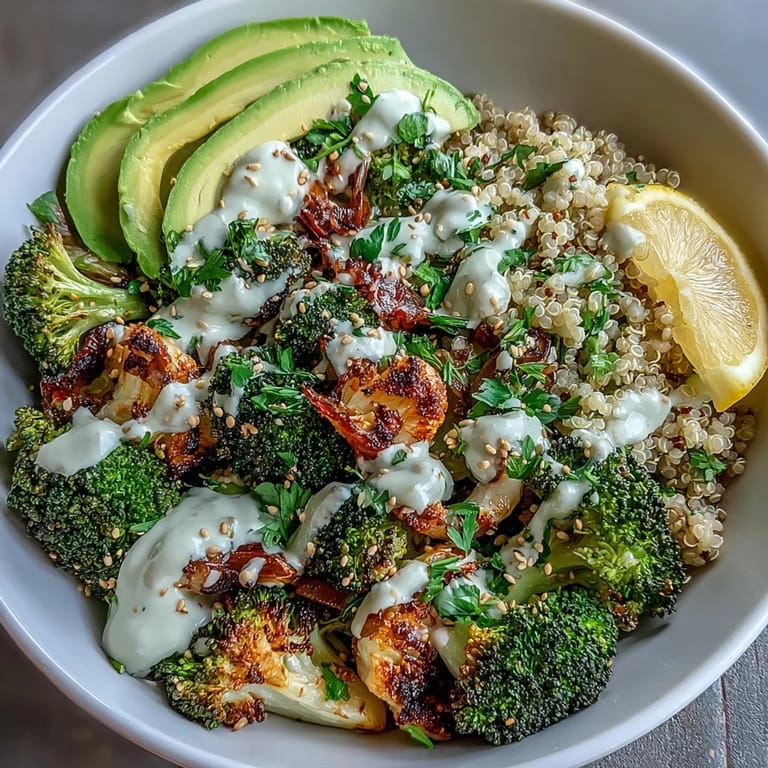 Vibrant Roasted Broccoli Bowl with tender vegetables, creamy tahini drizzle, fresh avocado, and lemon served over wholesome quinoa.
