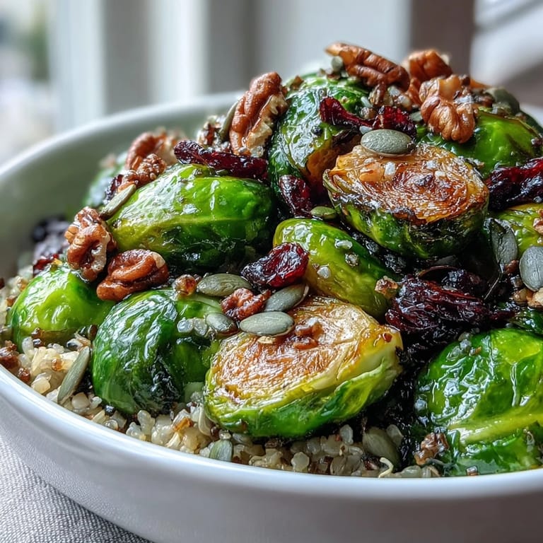 A hearty vegetarian Roasted Brussels Sprouts Bowl with caramelized sprouts, grains, and toasted pumpkin seeds, ideal for dinner.