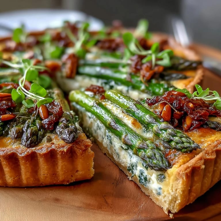 Flaky puff pastry tart filled with creamy cheese, tender asparagus, and fresh herbs, perfect for a light spring meal or elegant starter.