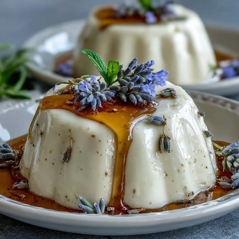 Delicate lavender panna cotta served in glasses, drizzled with honey and topped with fresh berries for a spring-inspired treat.