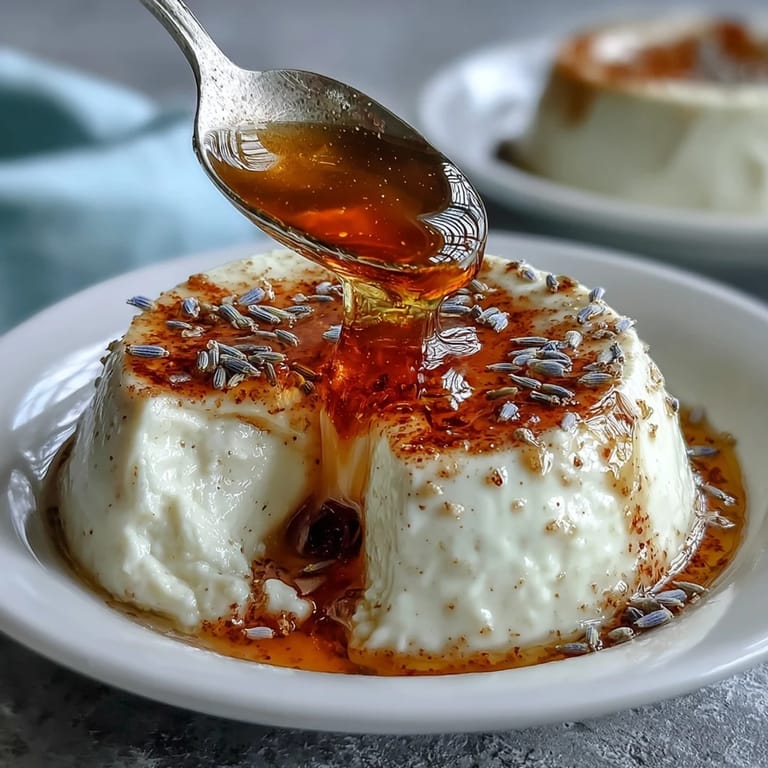 Elegant honey lavender panna cotta with a smooth, creamy texture, garnished with edible flowers and a golden honey drizzle.