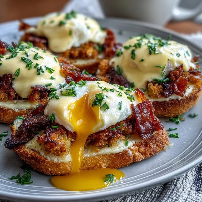 Elegant Eggs Benedict featuring soft poached eggs, savory Canadian bacon, and creamy hollandaise atop toasted English muffins—a timeless breakfast indulgence.