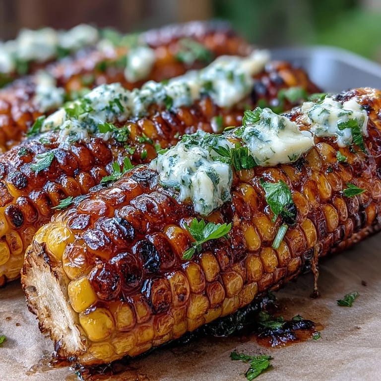 Tender sweet corn grilled in foil, infused with fragrant herb butter and hints of fresh garlic for a mouthwatering side dish.  