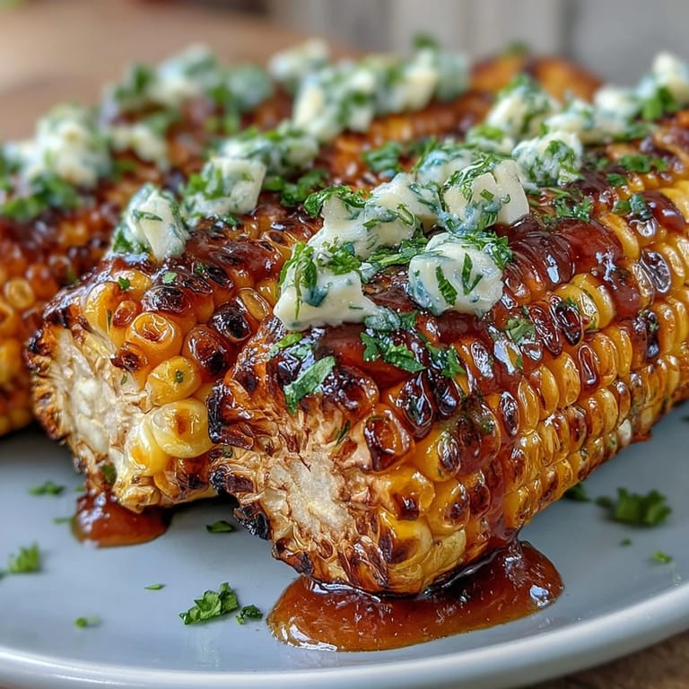 Golden corn on the cob smothered in herb butter, grilled in foil until tender and slightly smoky, perfect for outdoor gatherings.