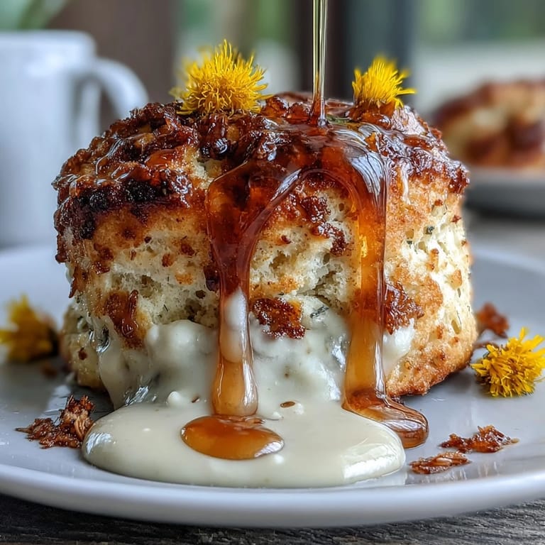 Tender, honey-sweetened scones flecked with bright dandelion petals, drizzled with extra honey and topped with clotted cream—a perfect centerpiece for any spring brunch table.