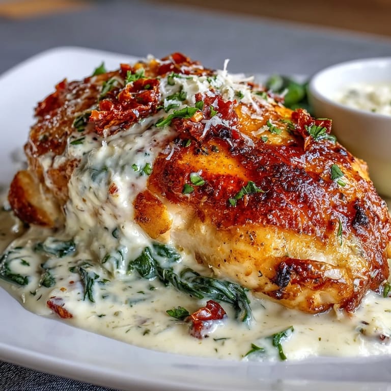 A comforting Italian-American dish featuring tender chicken in a creamy Parmesan sauce with sun-dried tomatoes.